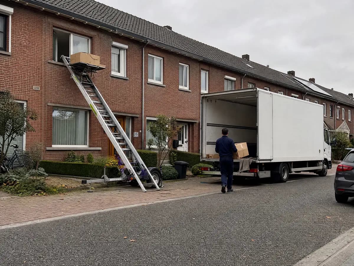 Verhuisfirma Herentals: ladderlift aan de gevel en verhuiswagen voor een woning in Herentals