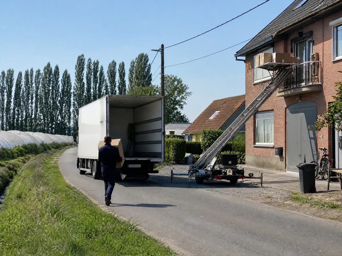 Verhuisfirma Hoogstraten: ladderlift tot aan het balkon van een appartement in Hoogstraten