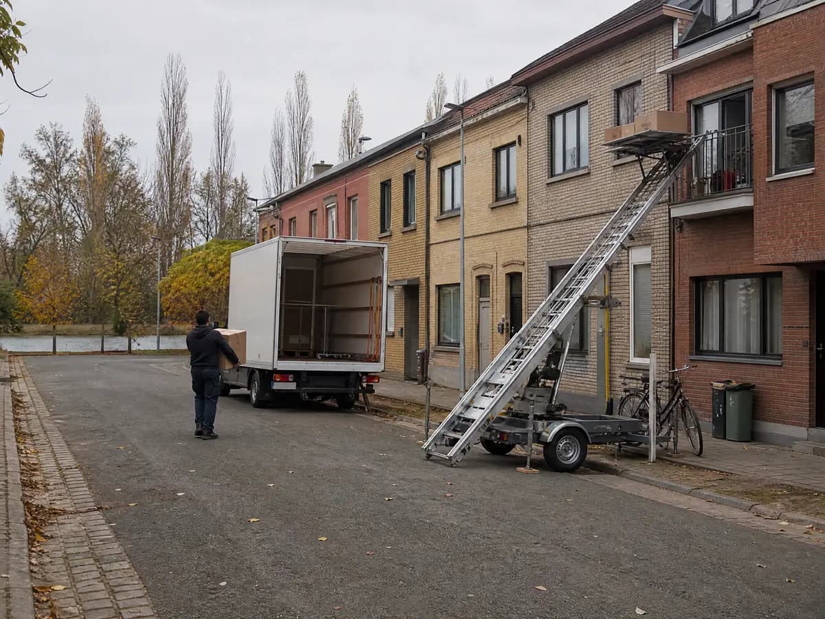 Verhuisfirma Niel: ladderlift tot aan het balkon van een appartement in Niel