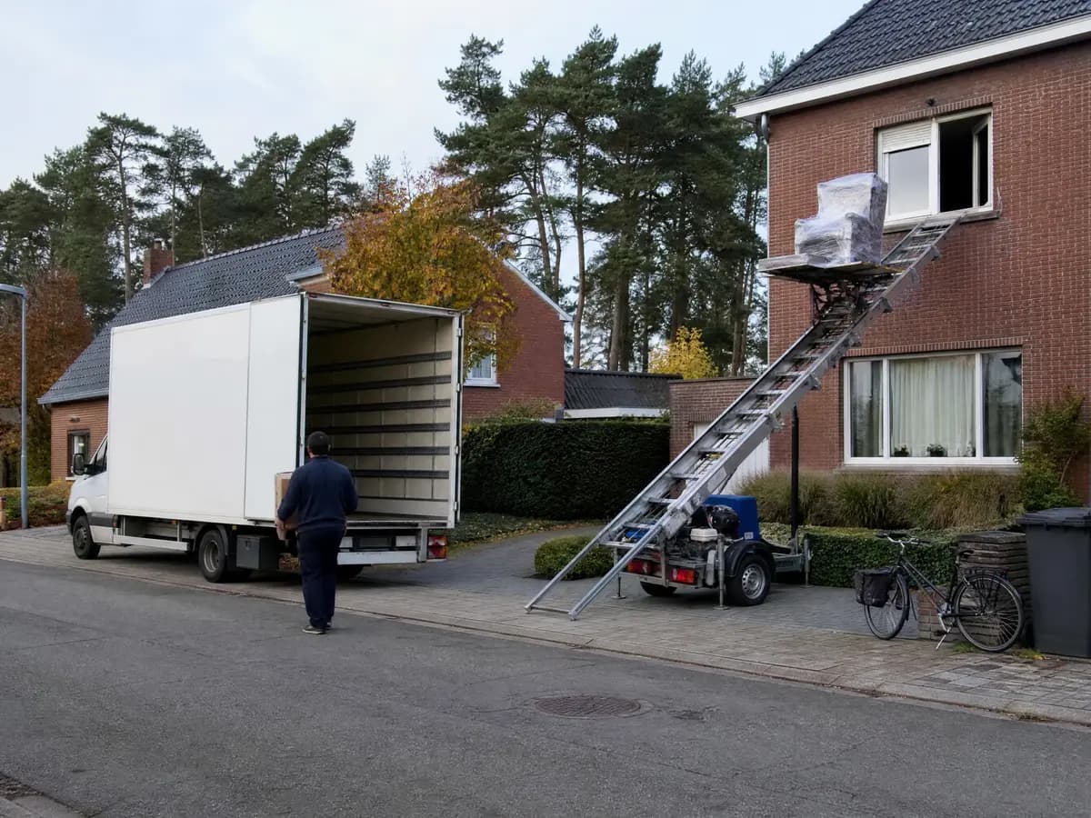 Verhuisfirma Putte: verhuiswagen op de oprit en ladderlift aan een woning in Putte