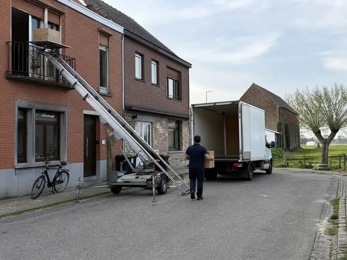 Verhuisfirma Rumst: ladderlift tot aan het balkon van een appartement in Rumst