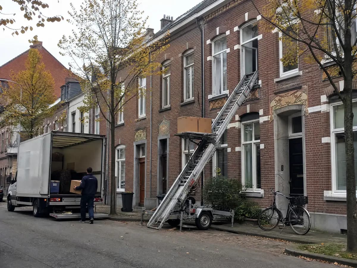 Verhuisfirma Turnhout: ladderlift aan de gevel en verhuiswagen voor een woning in Turnhout