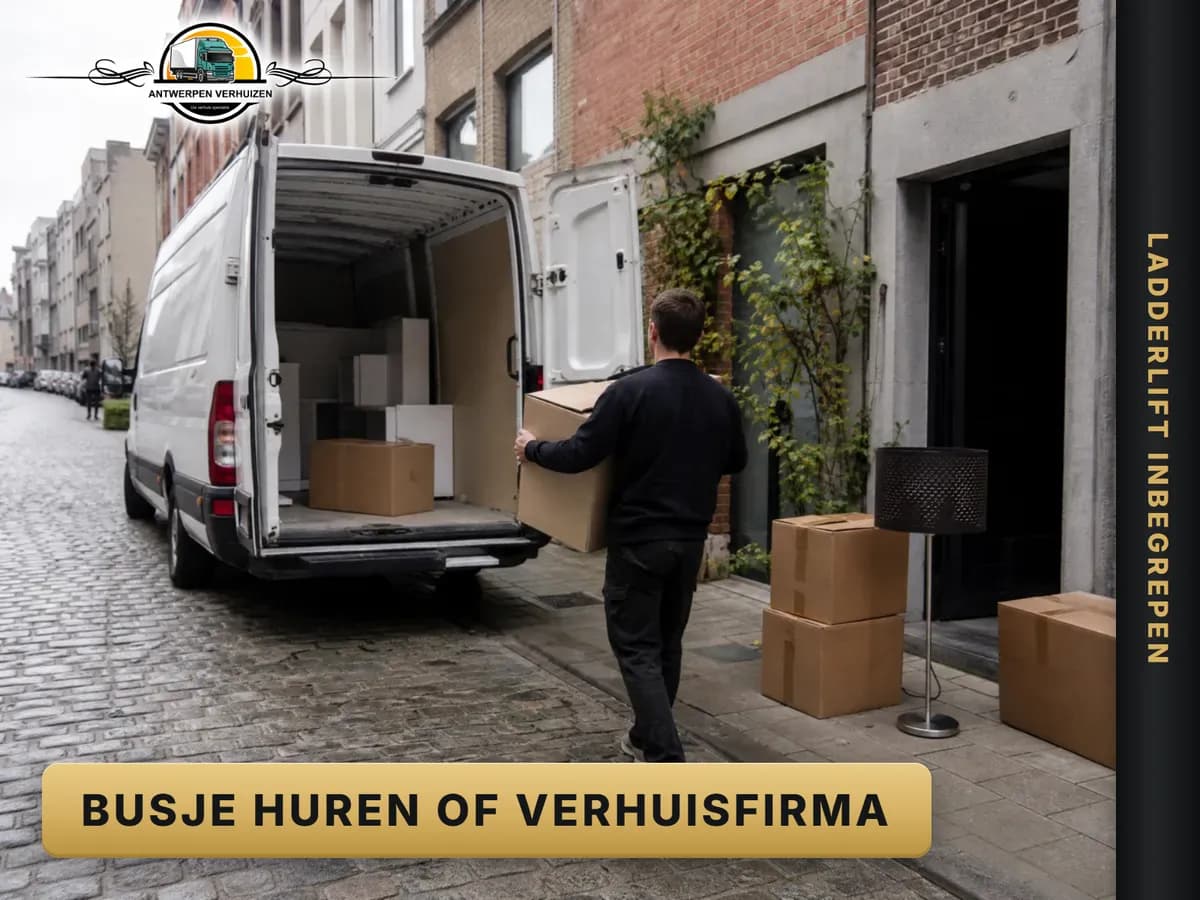 Een gehuurd wit busje met open deuren voor een Antwerps rijhuis, terwijl iemand een verhuisdoos inlaadt