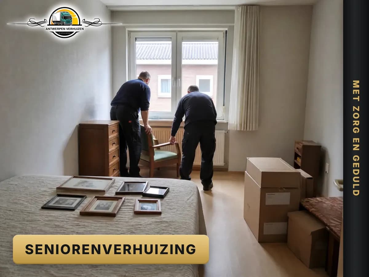 Verhuizers zetten een vertrouwde zetel bij het raam in een assistentiewoning tijdens een seniorenverhuizing