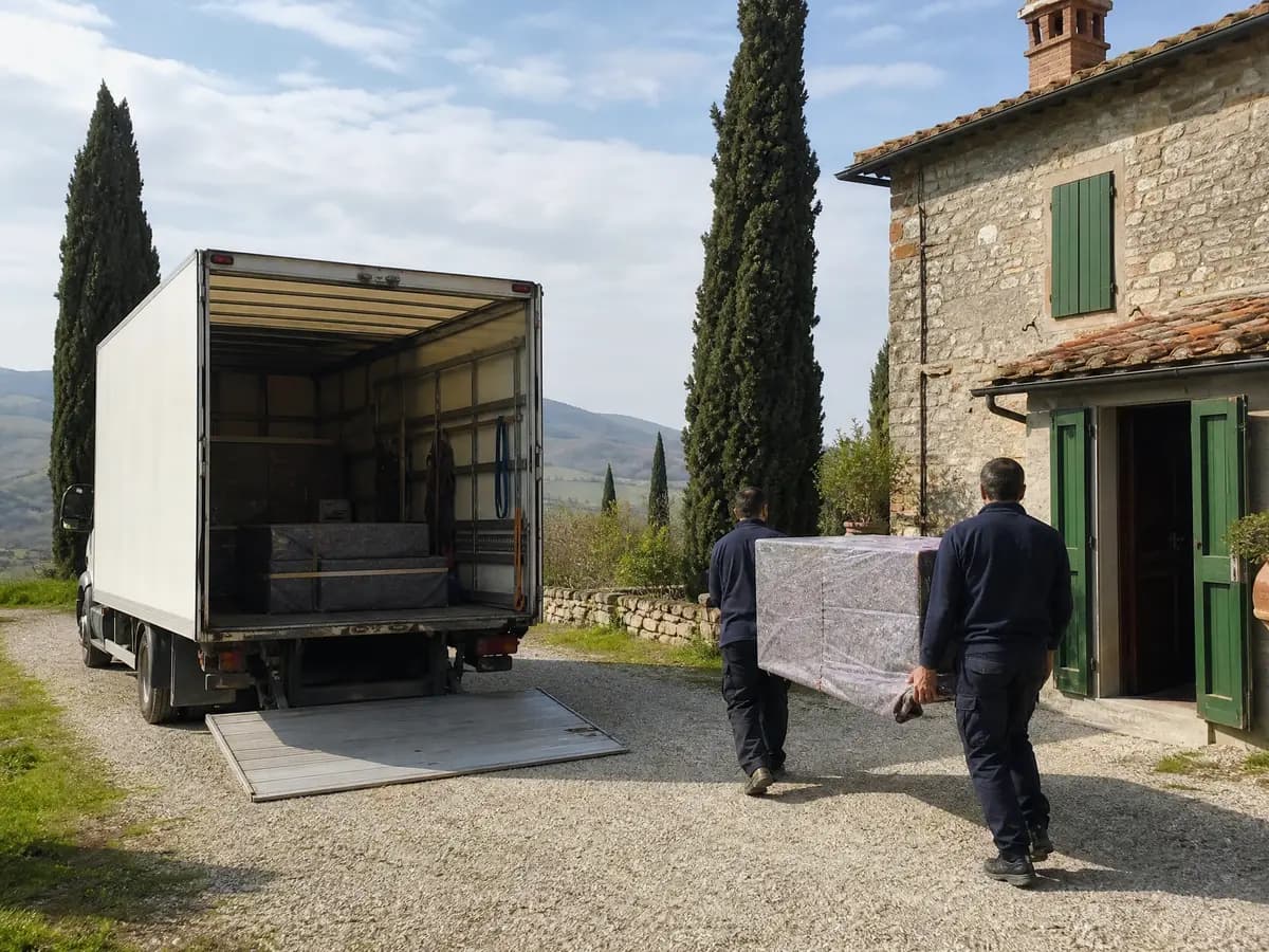 Verhuizen naar Italië: verhuizers dragen een in dekens verpakte kast van de verhuiswagen naar een stenen huis in Umbrië