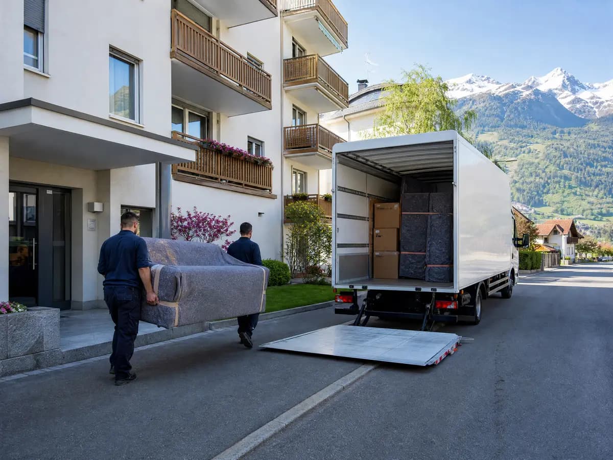 Verhuizen naar Zwitserland: verhuizers dragen in dekens verpakte meubels van de verhuiswagen naar een appartementsgebouw met de Alpen op de achtergrond