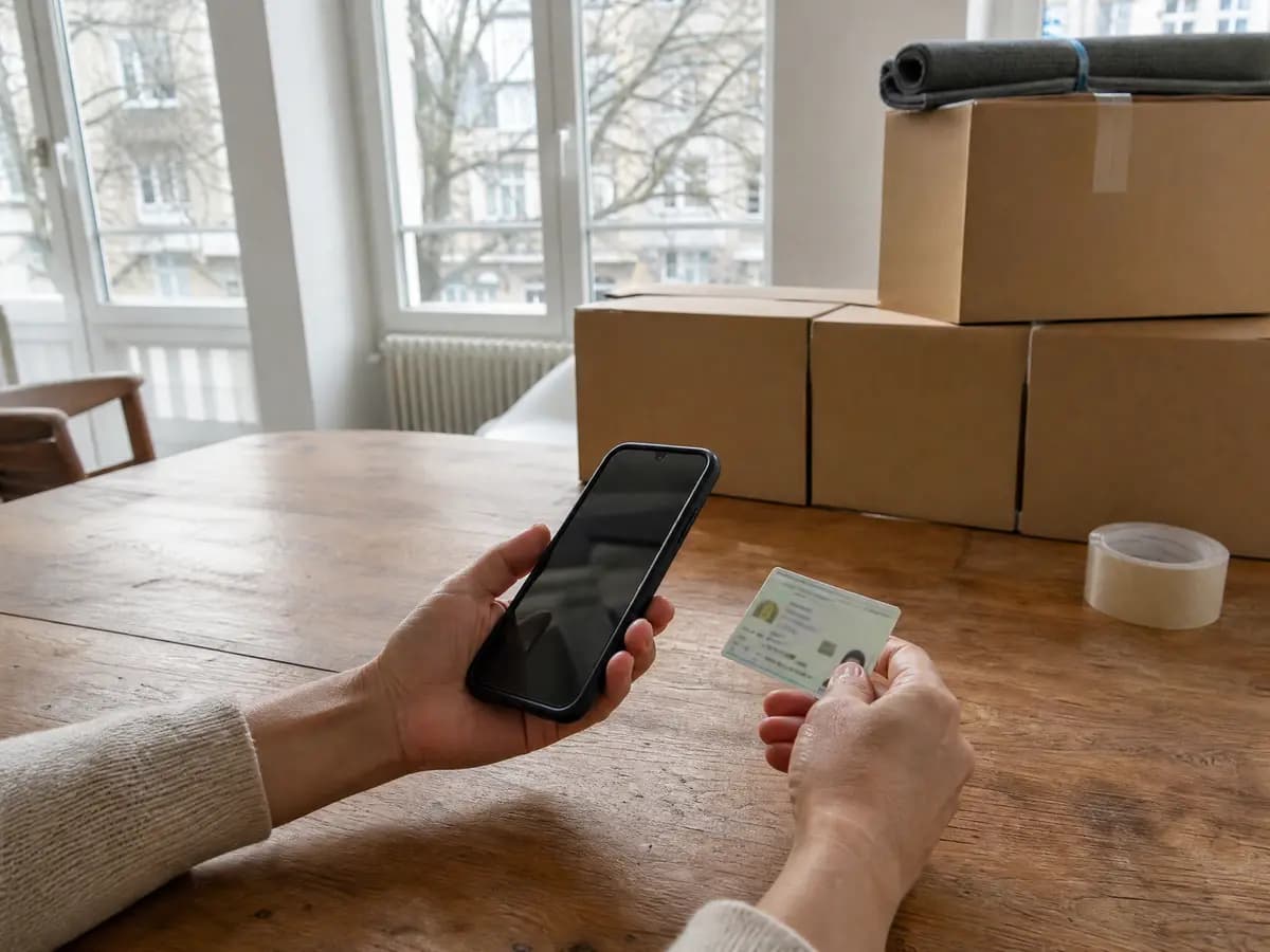 Handen met een eID en smartphone aan een keukentafel met verhuisdozen, voor de adreswijziging in Antwerpen