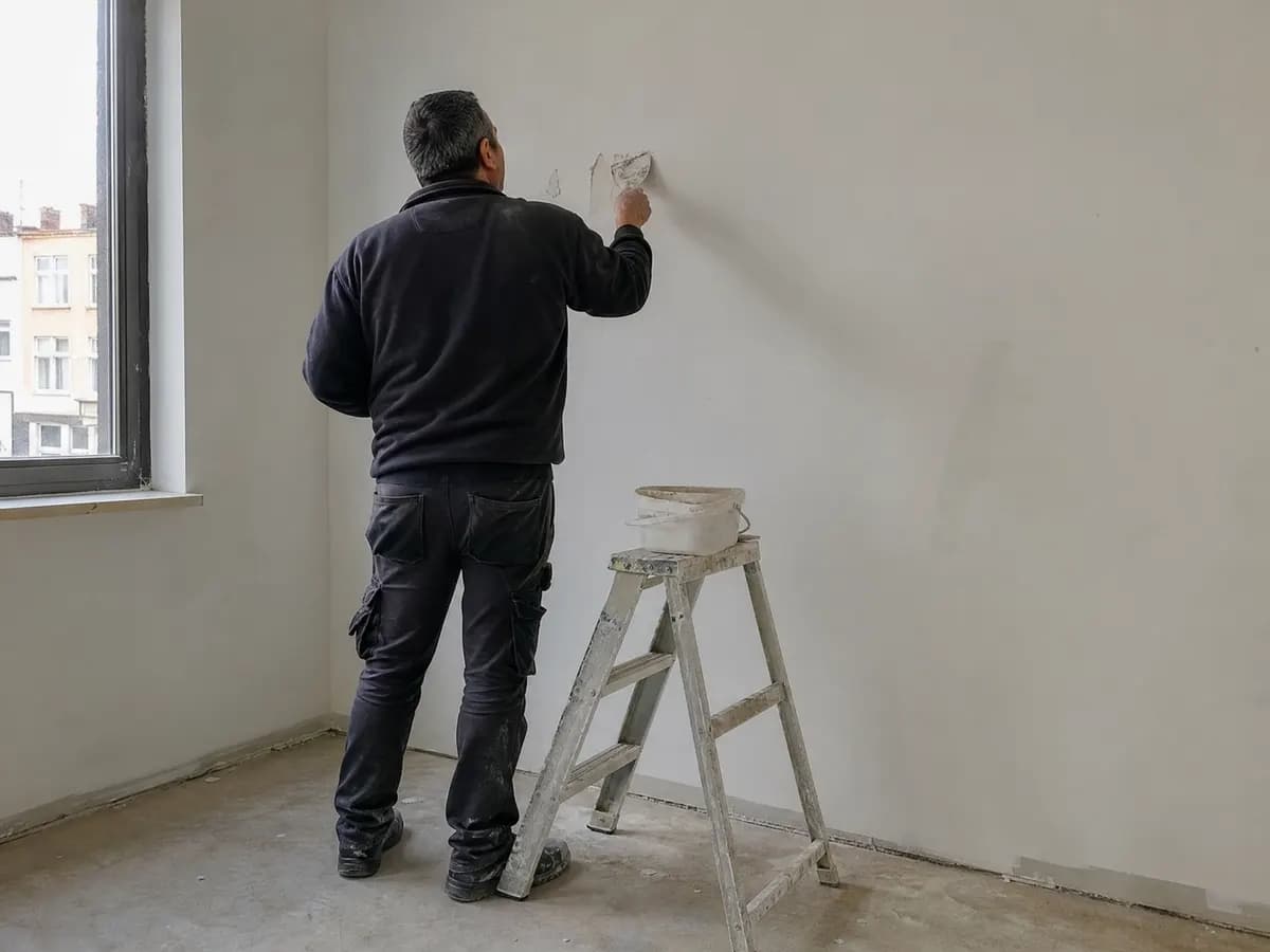 Een klein gat in een witte muur wordt gedicht met plamuur voor het einde van de huur