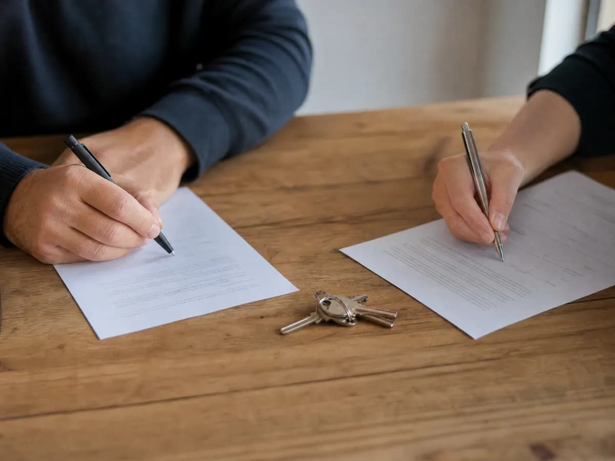 Twee handen tekenen twee exemplaren van een akkoord, naast een bos sleutels