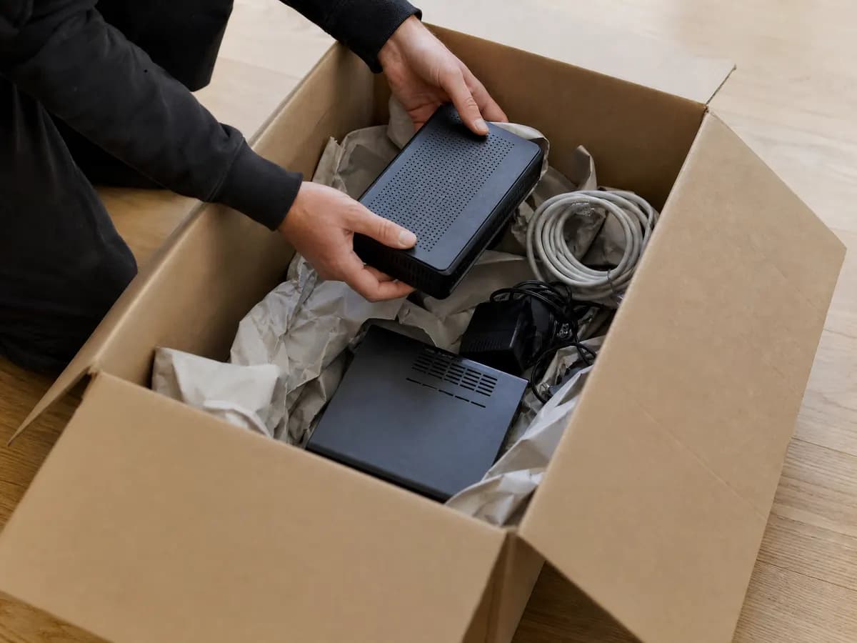 Een modem, een decoder en kabels gaan in een verhuisdoos met papier