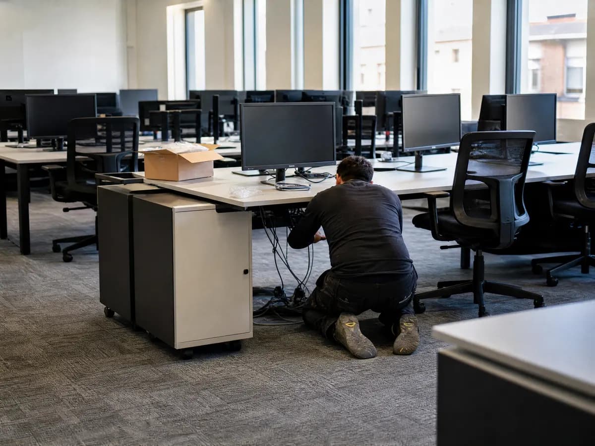 IT-technicus sluit werkplekken aan in het nieuwe kantoor na een weekendverhuis