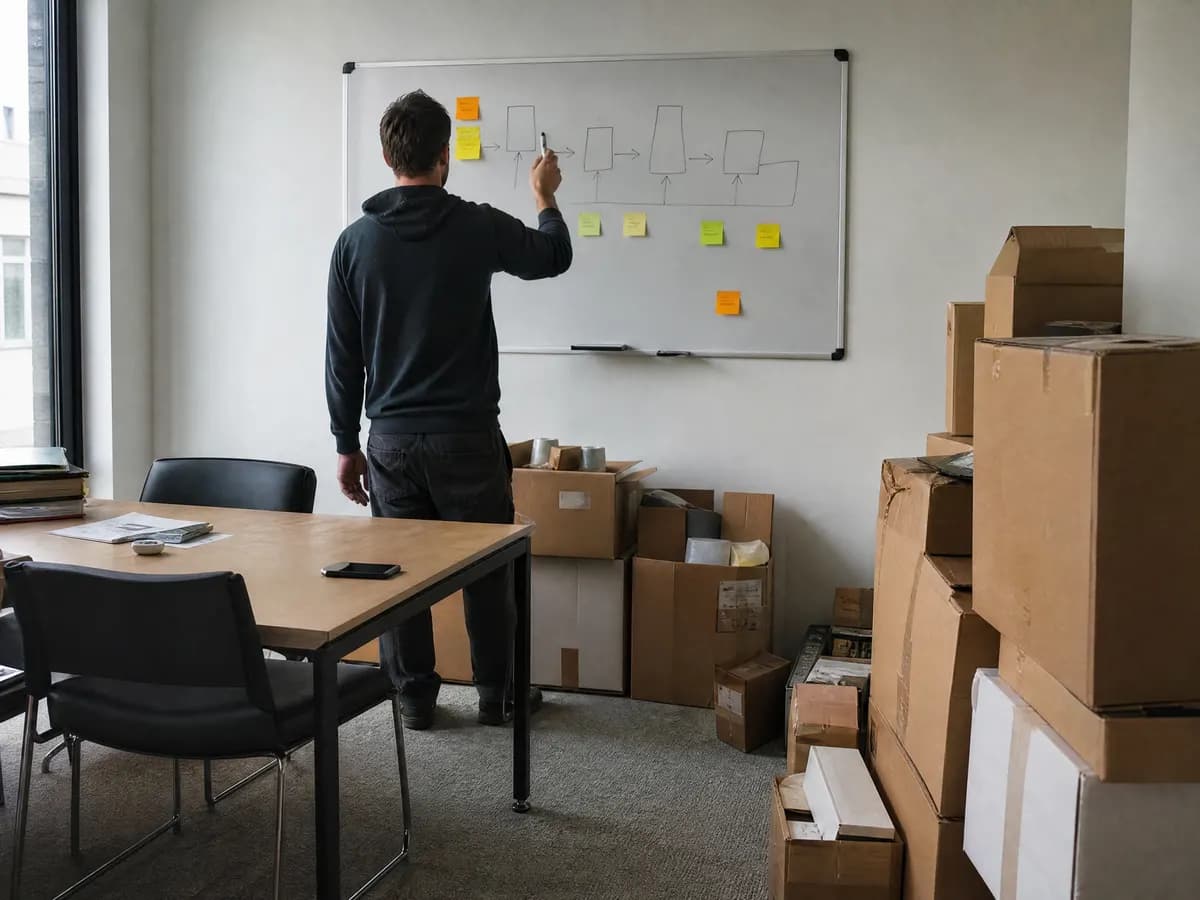 Planning van een bedrijfsverhuizing op een whiteboard in een kmo-kantoor