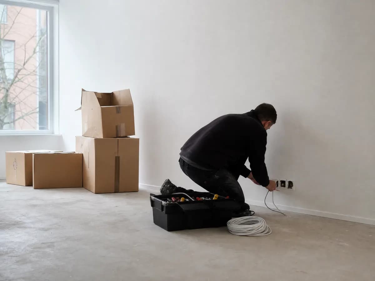 Een technicus werkt aan een kabelaansluiting in een lege kamer van de nieuwe woning
