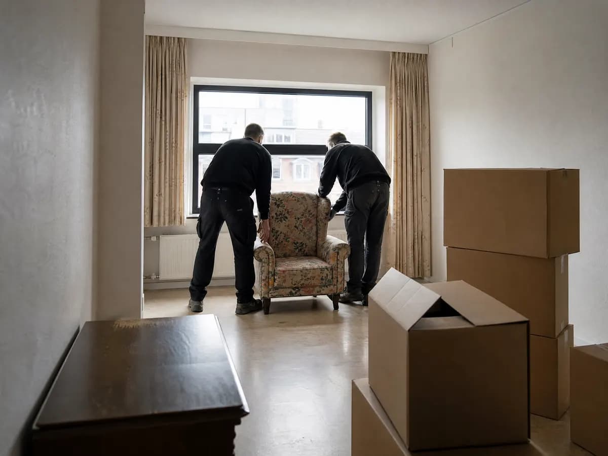 Verhuizers richten de nieuwe kamer van een senior in met de eigen meubels