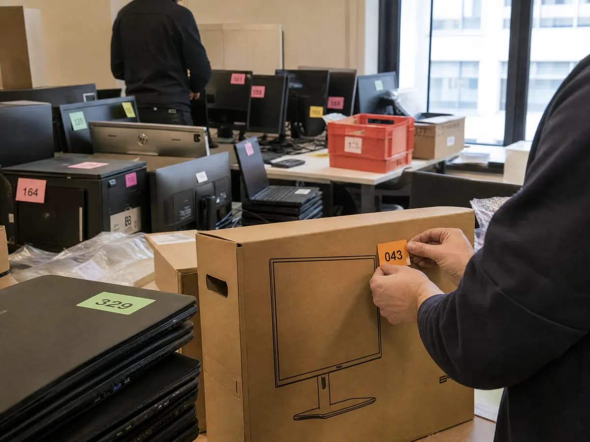 Gekleurde labels op bureaus en dozen bij een kantoorverhuis