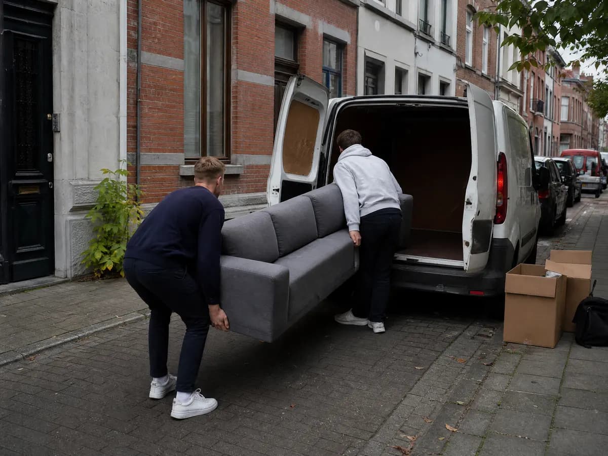 Twee helpers tillen een zware zetel in de laadruimte van een klein huurbusje
