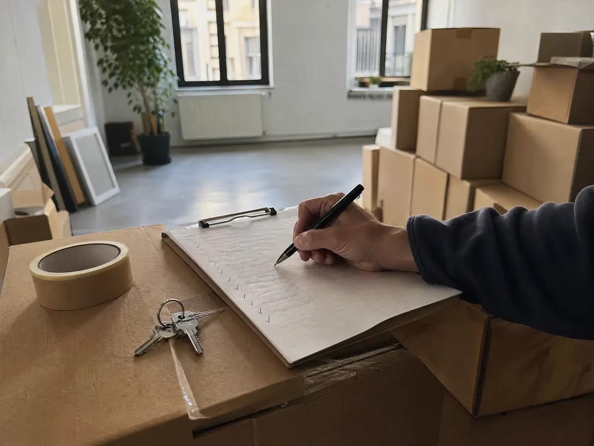 Verhuischecklist op een klembord bovenop verhuisdozen in een half leeg appartement in Antwerpen
