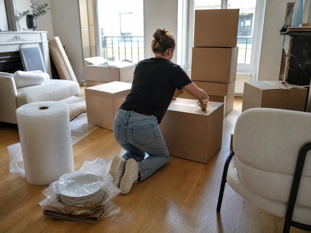 Iemand tapet een verhuisdoos dicht in een woonkamer vol ingepakte dozen en inpakmateriaal