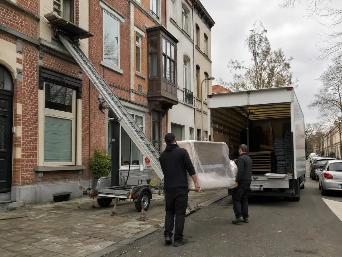 Verhuizers dragen een zetel naar een verhuiswagen met ladderlift in Antwerpen, bij de vraag wat een verhuisfirma kost