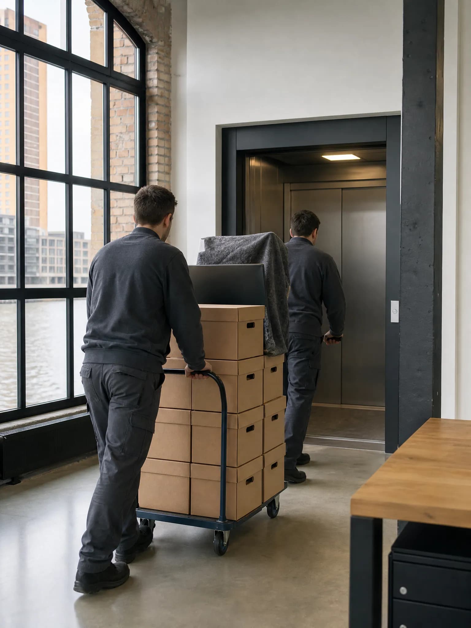 Bedrijfsverhuizing in Antwerpen: twee verhuizers rijden gestapelde archiefdozen en een ingepakt scherm door een kantoor in een oud havenpakhuis naar de goederenlift