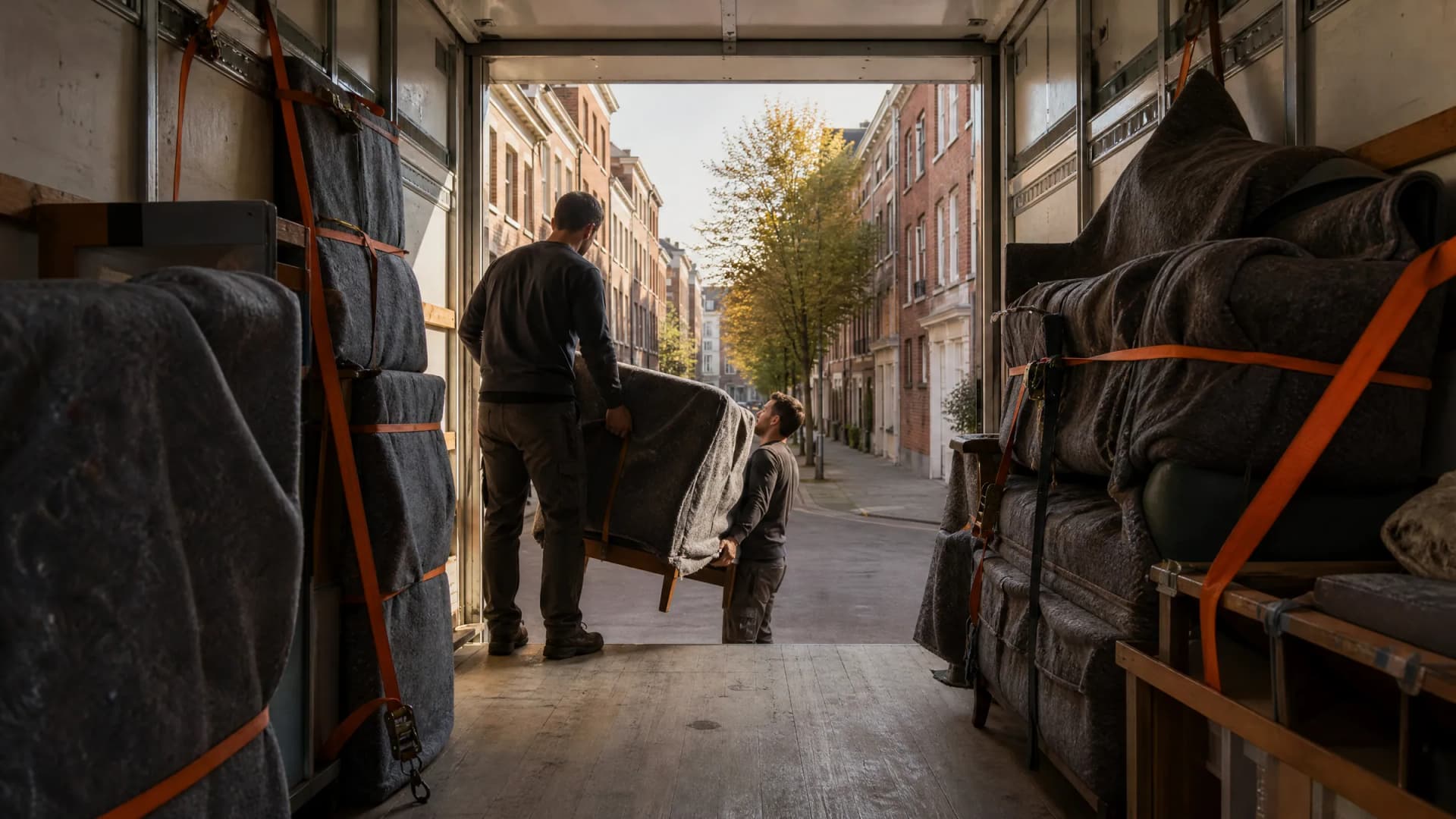 Zicht vanuit de laadruimte van een verhuiswagen: meubels in verhuisdekens vastgezet met spanbanden, een verhuizer tilt een stoel naar binnen, buiten een Antwerpse straat