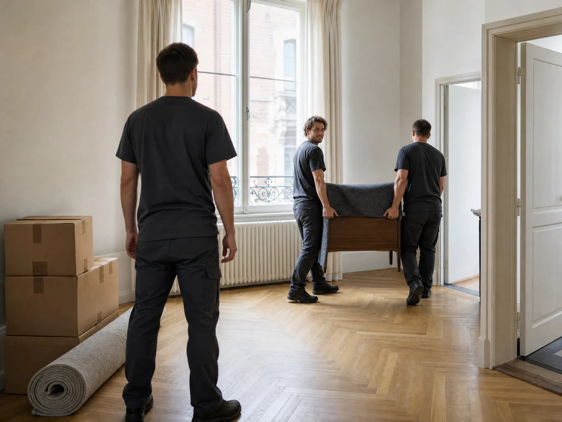 Kleine verhuis in Antwerpen: verhuizers dragen een ingepakt kastje door een lichte studio met visgraatparket, met dozen en een opgerold tapijt tegen de muur