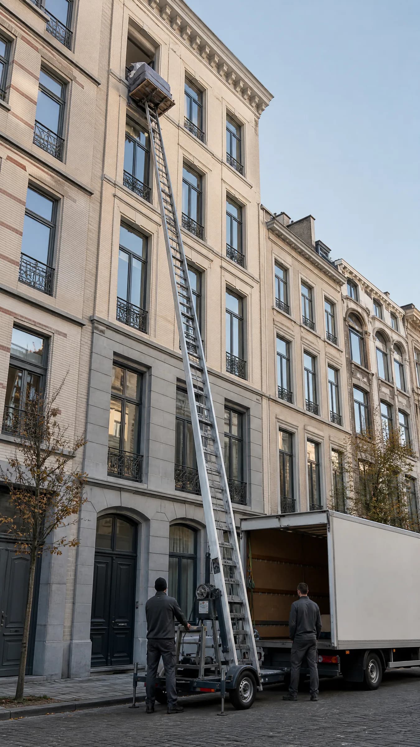 De ladderlift reikt langs een hoge Antwerpse gevel tot op de zesde verdieping, met een ingepakt meubel op het platform; onderaan bedient een verhuizer de lift naast de verhuiswagen
