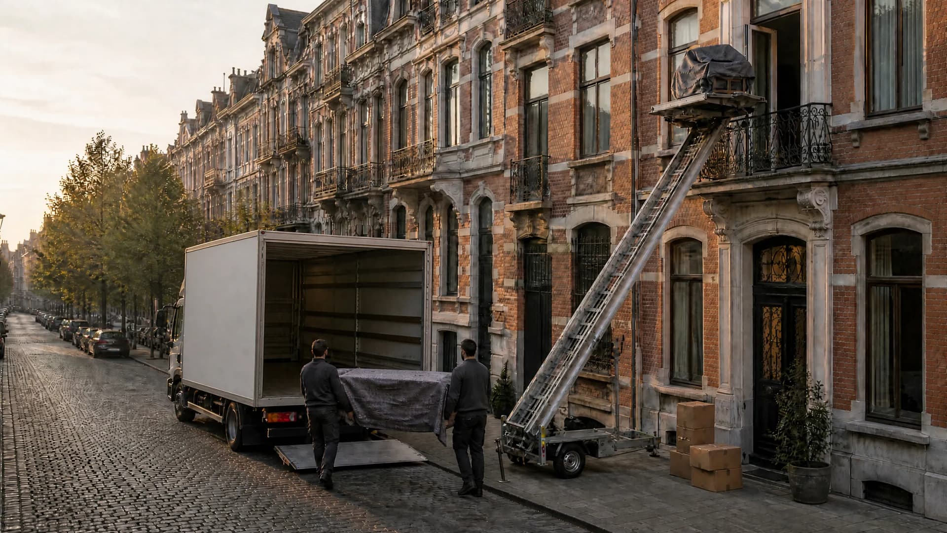 Particuliere verhuizing in Antwerpen: twee verhuizers dragen een in een deken gewikkelde zetel naar de open verhuiswagen, terwijl de ladderlift tegen de gevel van een herenhuis tot op de derde verdieping reikt