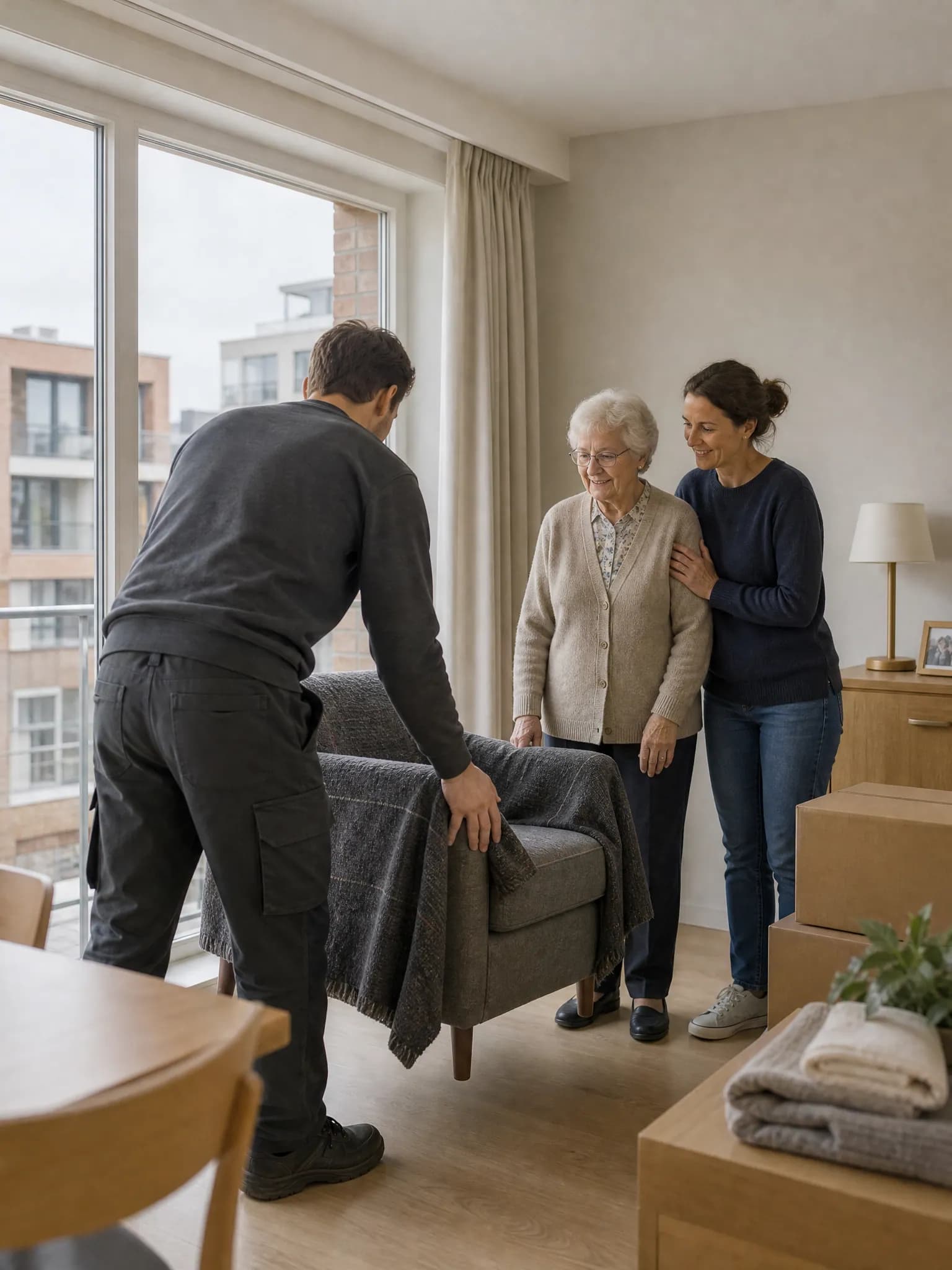 Seniorenverhuizing in Antwerpen: een verhuizer zet een ingepakte fauteuil bij het raam van een serviceflat, terwijl een oudere dame en haar dochter toekijken