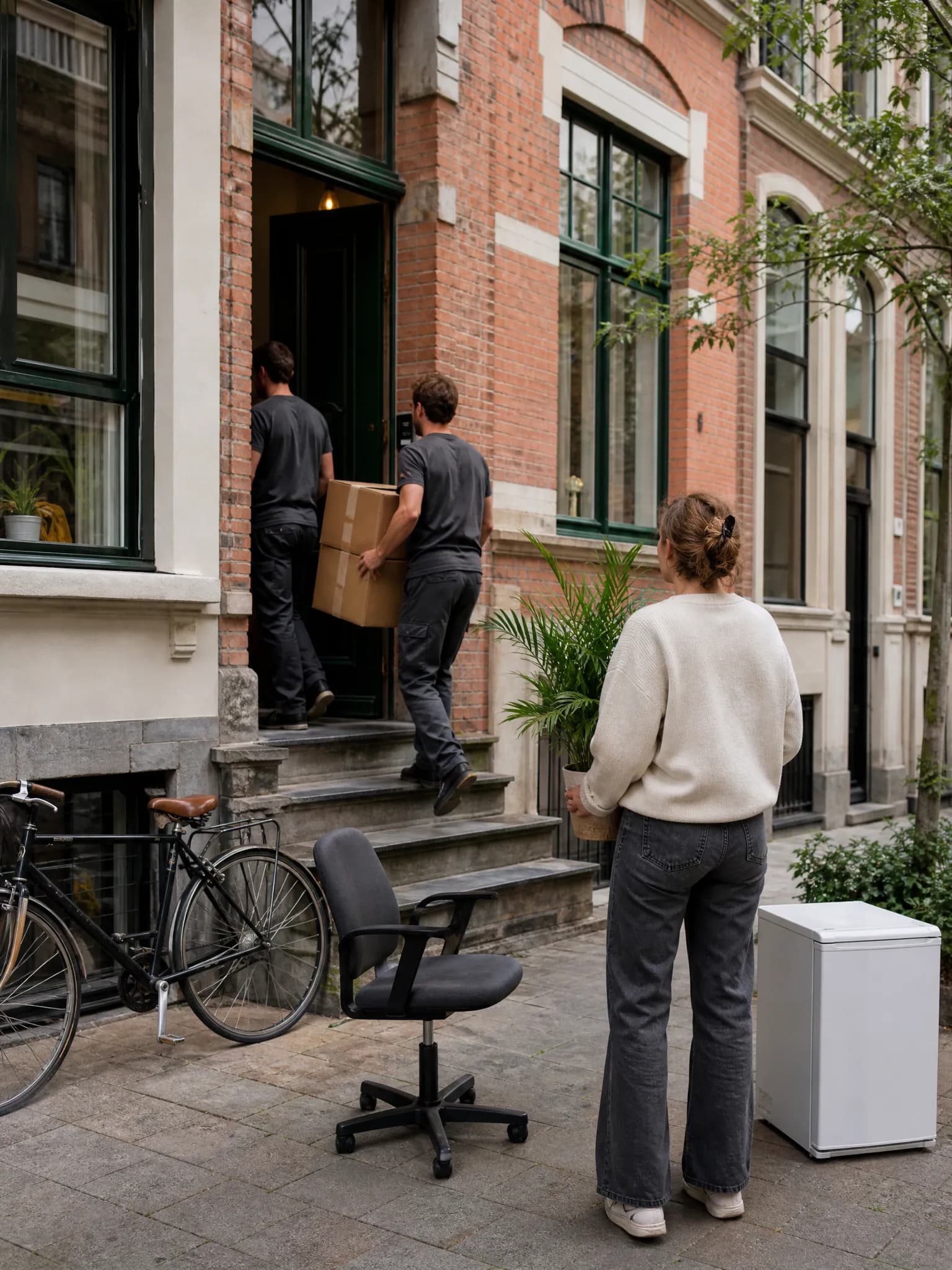Studentenverhuis in Antwerpen: verhuizers dragen dozen een studentenhuis in, op de stoep staan een fiets, een bureaustoel en een kleine koelkast, een studente met een plant kijkt toe