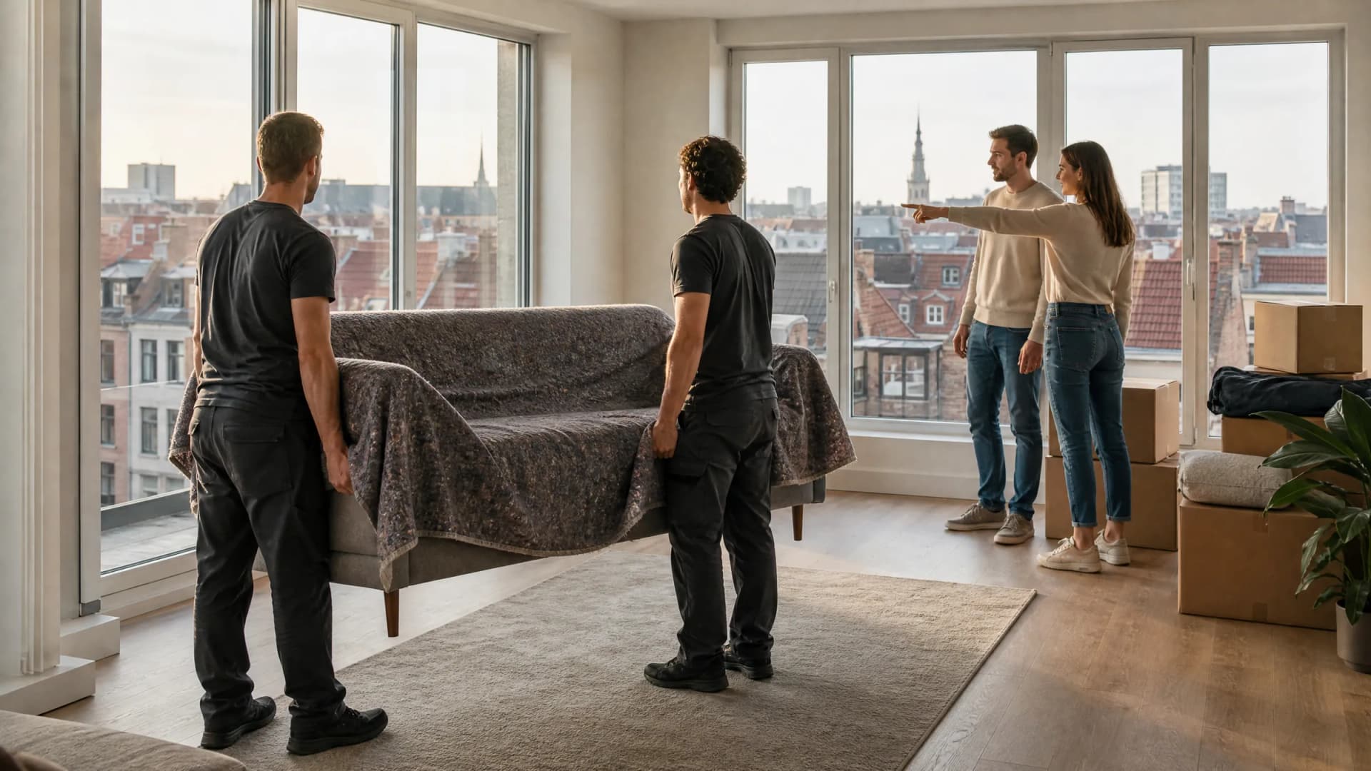 Twee verhuizers dragen een ingepakte zetel de woonkamer van een nieuw appartement in, terwijl een koppel aanwijst waar hij moet staan; door de ramen de daken van Antwerpen