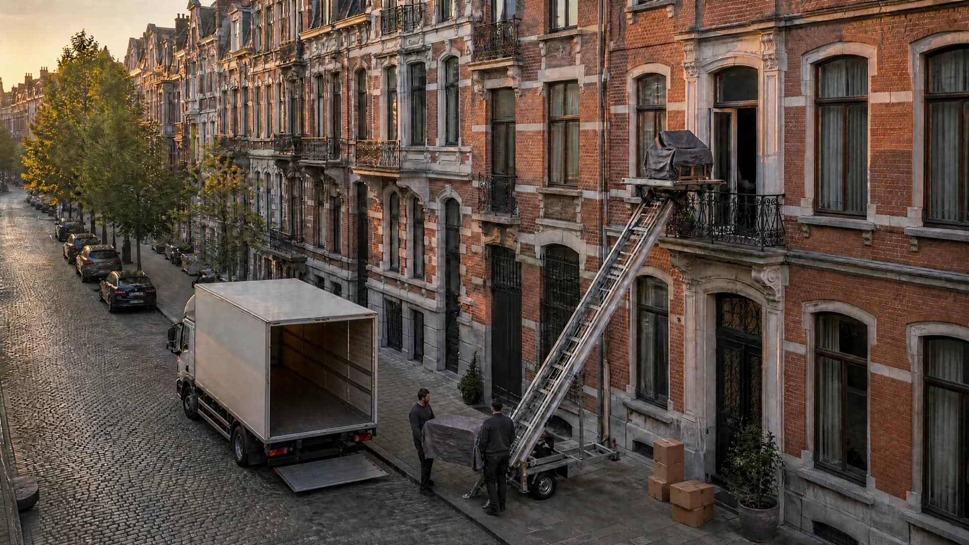 Verhuisdag in Antwerpen van bovenaf: de verhuiswagen staat open aan de stoep, de ladderlift brengt een zetel naar beneden en twee verhuizers dragen een kast naar de wagen