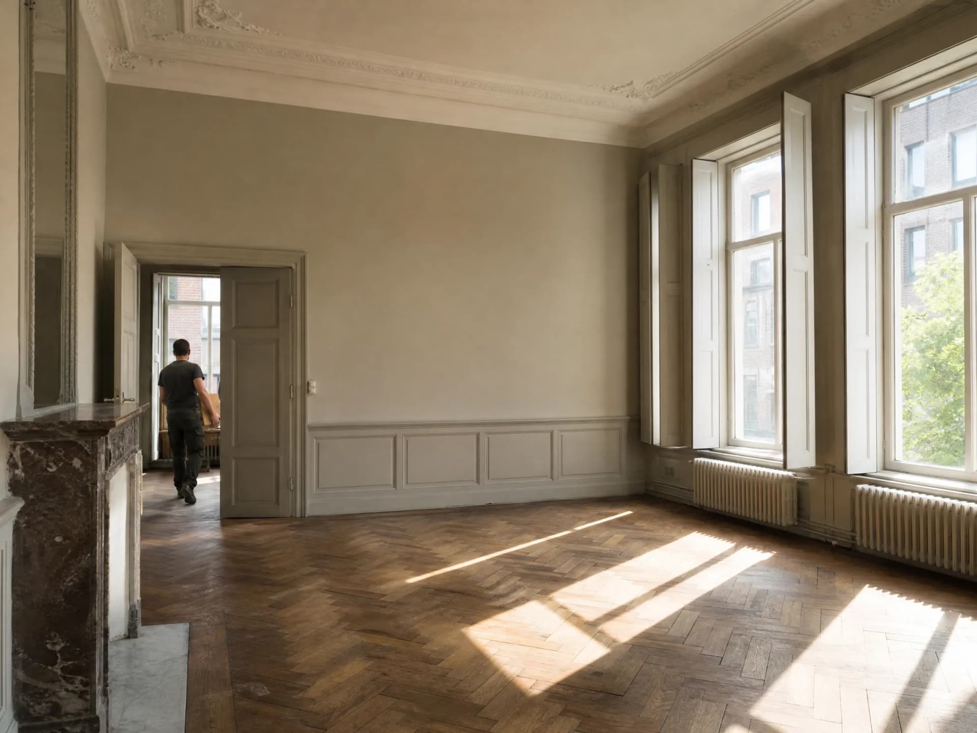 De lege, bezemschone voorkamer van een Antwerps herenhuis na de verhuis, met visgraatparket en hoge ramen; een verhuizer draagt de laatste doos naar buiten