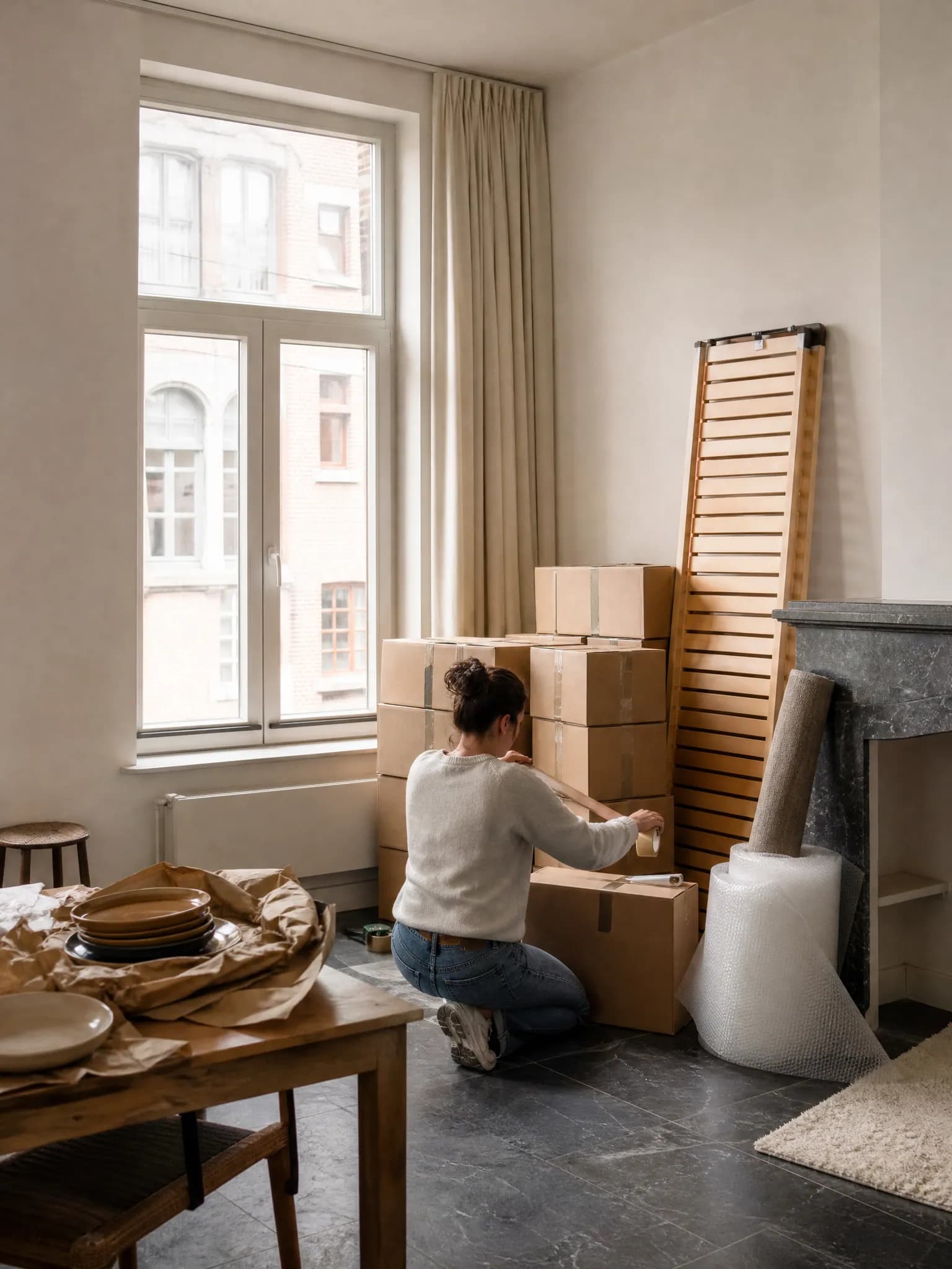 Iemand plakt verhuisdozen dicht in een lichte woonkamer, tussen ingepakte borden, noppenfolie en een gedemonteerd bed