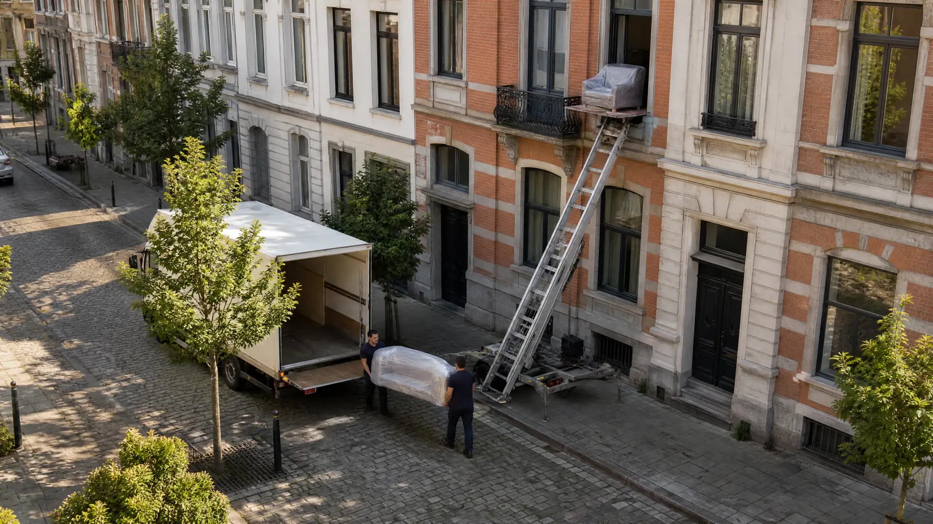 Ladderlift aan een Antwerps herenhuis: twee verhuizers dragen een ingepakte zetel naar de verhuiswagen
