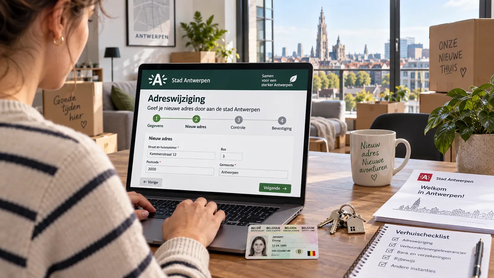 Vrouw regelt online adreswijziging via antwerpen.be na verhuis naar Antwerpen