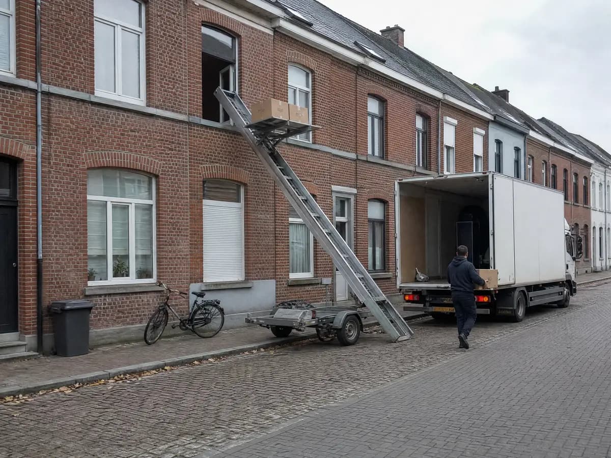 Verhuisfirma Hemiksem: ladderlift aan de gevel en verhuiswagen voor een woning in Hemiksem