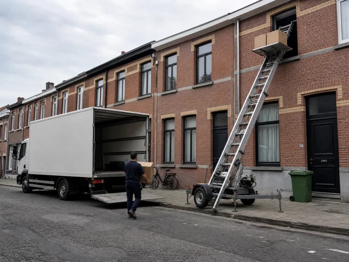 Verhuisfirma Hoboken: ladderlift aan de gevel en verhuiswagen voor een woning in Hoboken