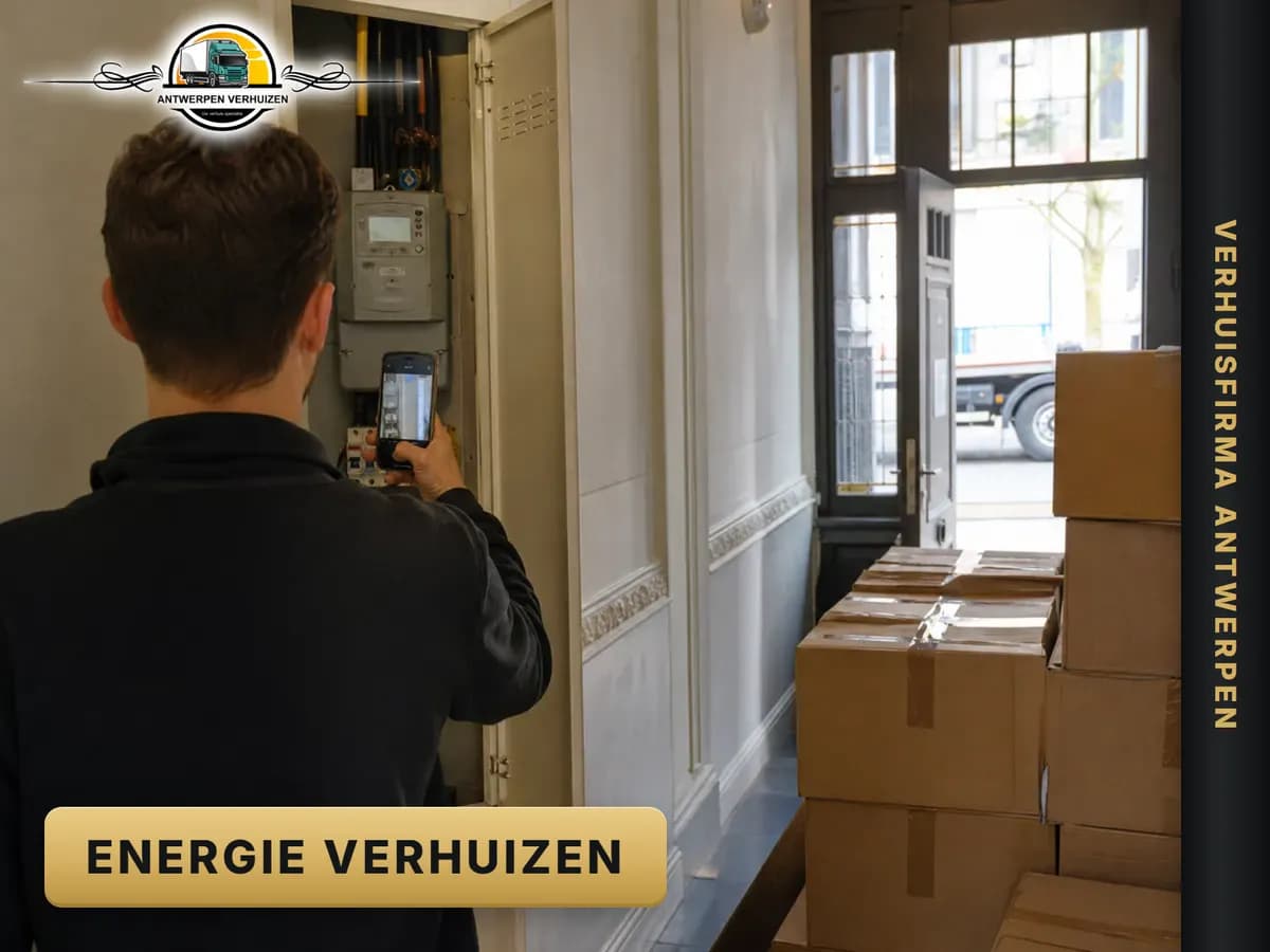 Iemand fotografeert de digitale elektriciteitsmeter in de gang tussen de verhuisdozen