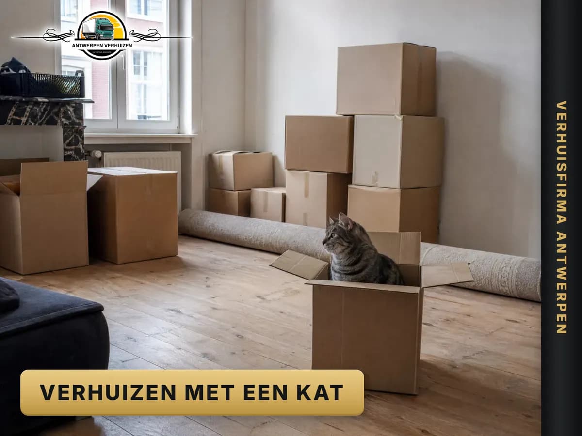Een grijze kat zit in een open verhuisdoos in een half ingepakte woonkamer