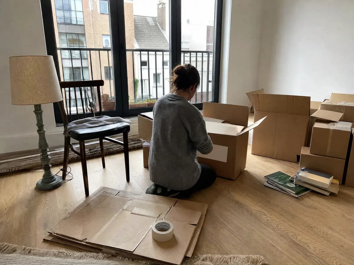 Iemand sorteert spullen in verhuisdozen en zet meubels apart om goedkoop te verhuizen in Antwerpen