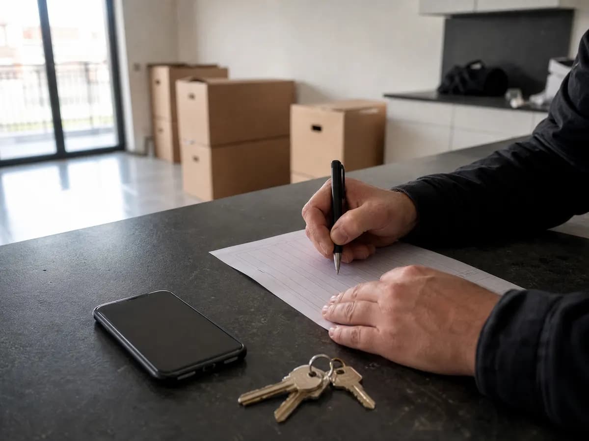 Het energieovernamedocument invullen aan een keukentafel, met een pen, sleutels en een smartphone