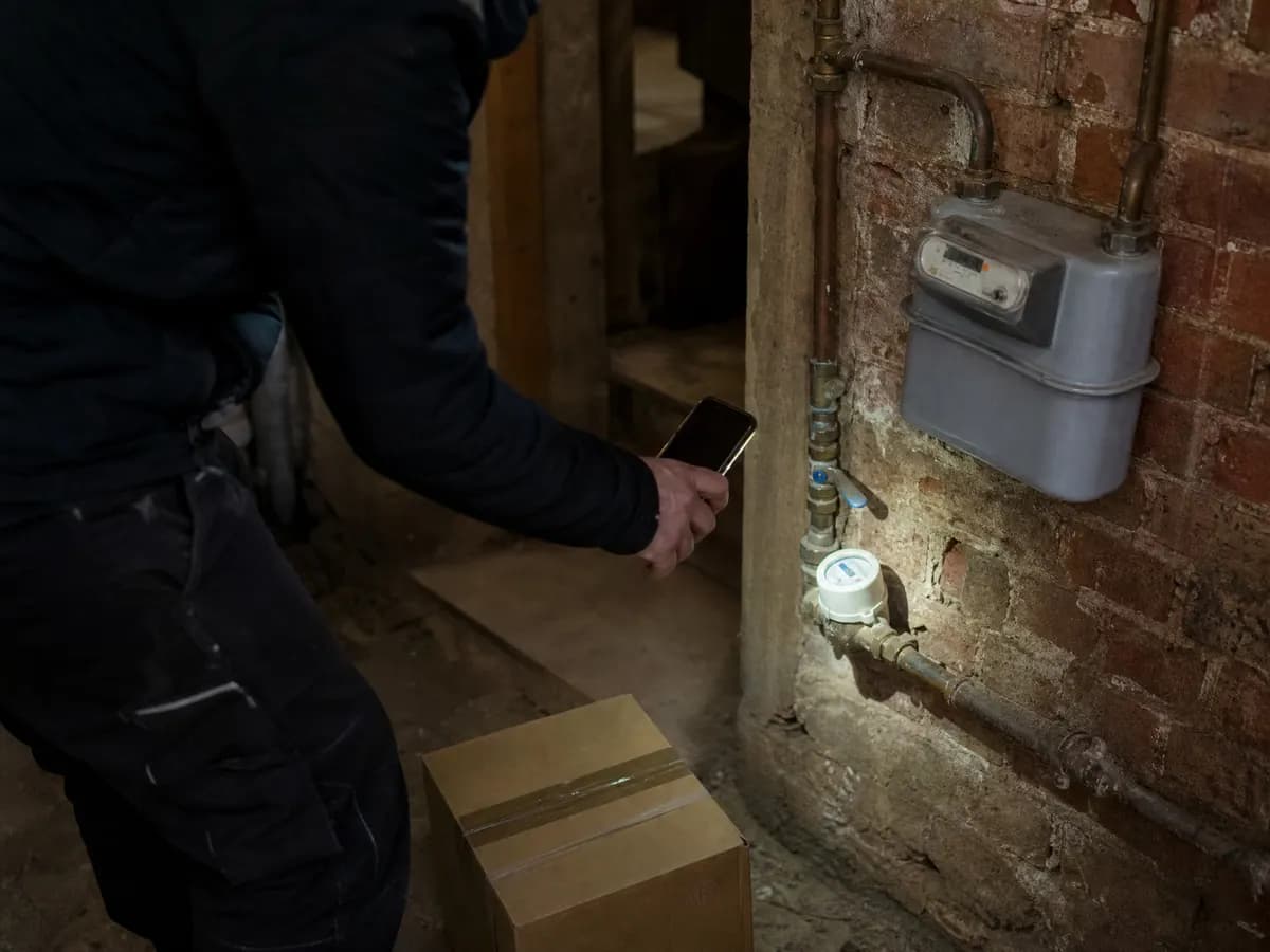 Een gasmeter en een watermeter in de kelder worden afgelezen met het licht van een smartphone