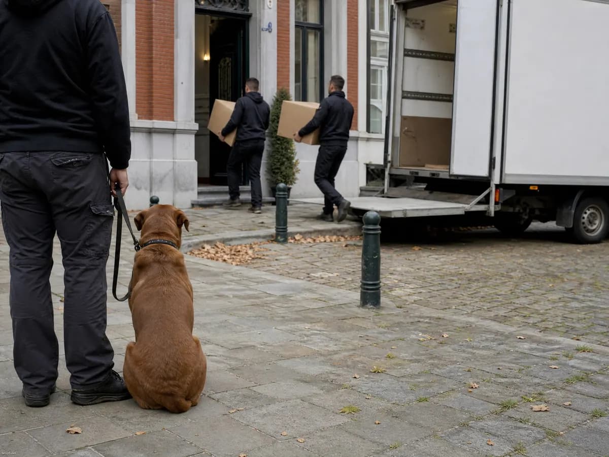 Hond aan de leiband zit rustig naast zijn baasje terwijl verhuizers dozen binnendragen