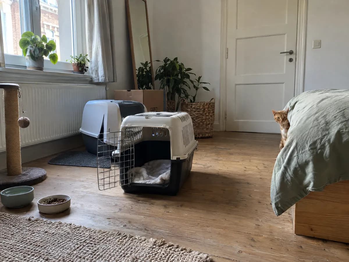 Rustige slaapkamer met open reismand, kattenbak, krabpaal en bakjes voor de verhuisdag
