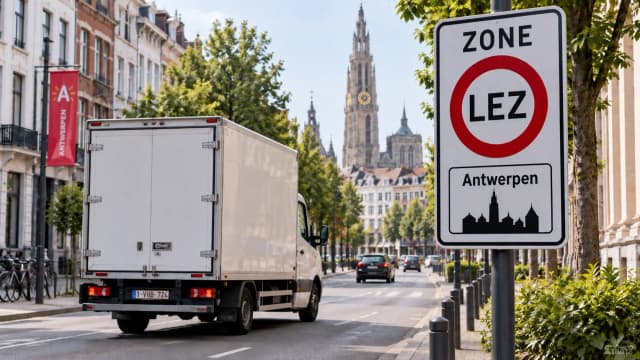 Lage-emissiezone (LEZ) bord in Antwerpen met bestelwagen die de zone inrijdt
