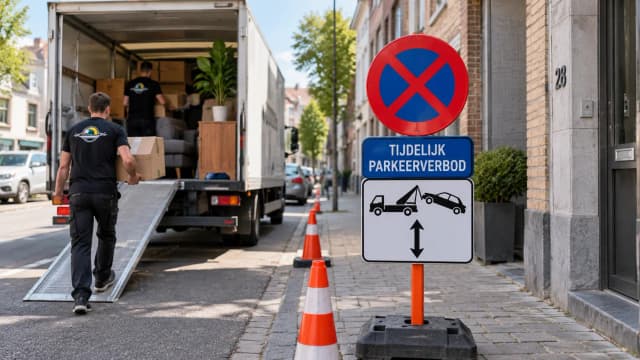 Verhuizers laden dozen en meubels in verhuiswagen in Antwerpse binnenstad