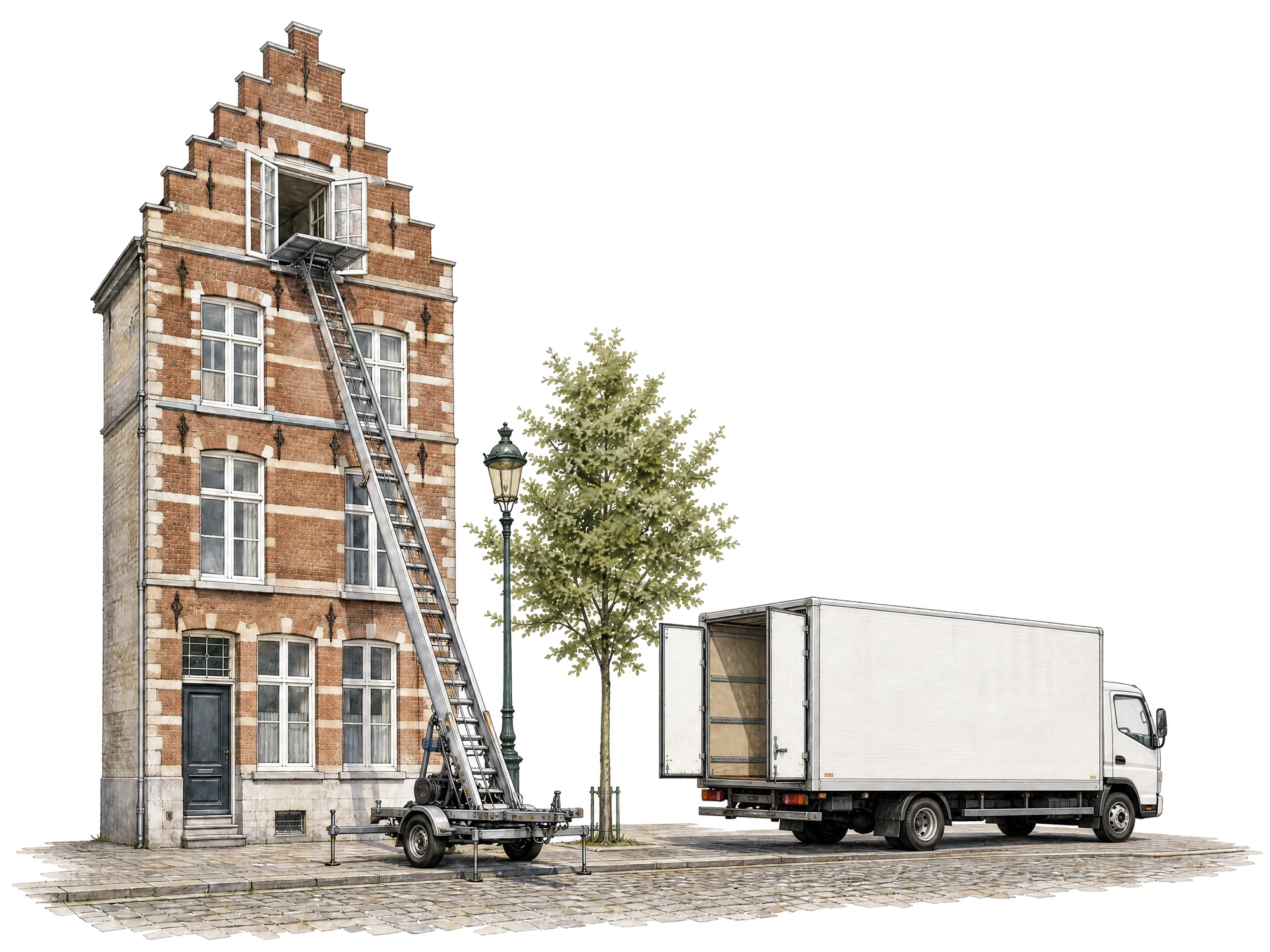 Tekening van een Antwerpse trapgevel met een ladderlift aan het raam op de bovenste verdieping en een verhuiswagen met open laadbak