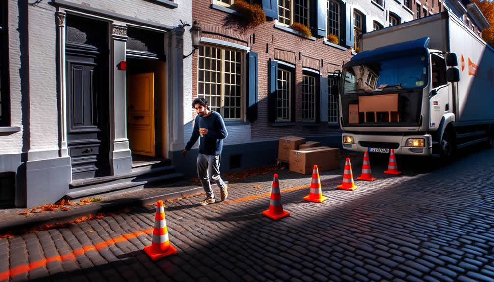 Verhuisteam dat verkeersborden plaatst voor een parkeerverbod in Antwerpen