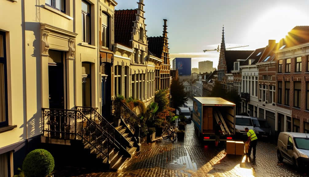 Professional movers carrying furniture into an Antwerp townhouse